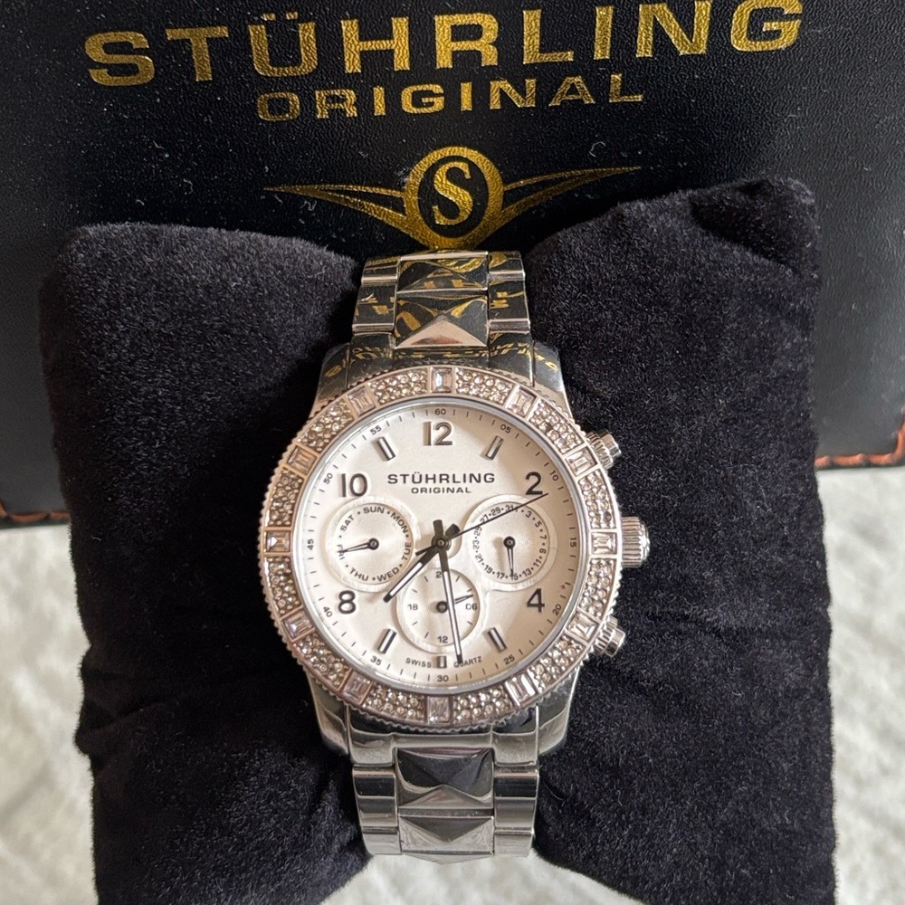 Stuhrling Stainless Steel Silver Chronograph Watch with Swarovski Crystals